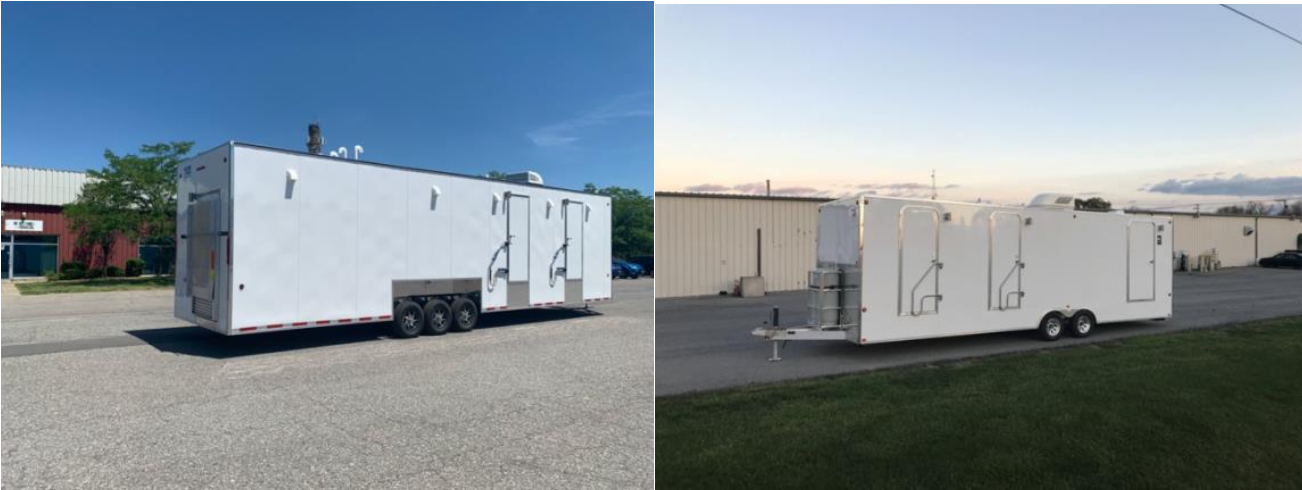 A before and after picture of the exterior of a trailer.