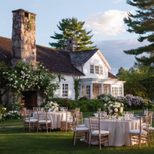 Lawn wedding reception by a white New England country house with round tables and a stone fireplace at dusk.