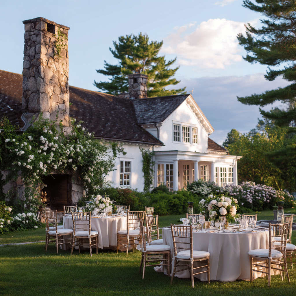 Lawn wedding reception by a white New England country house with round tables and a stone fireplace at dusk.