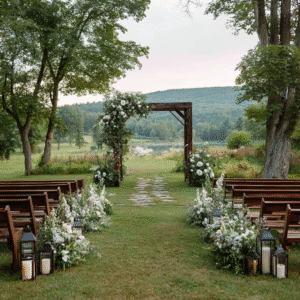 Meadow wedding ceremony aisle facing a rustic wood arch with benches, lanterns, and mountain views.