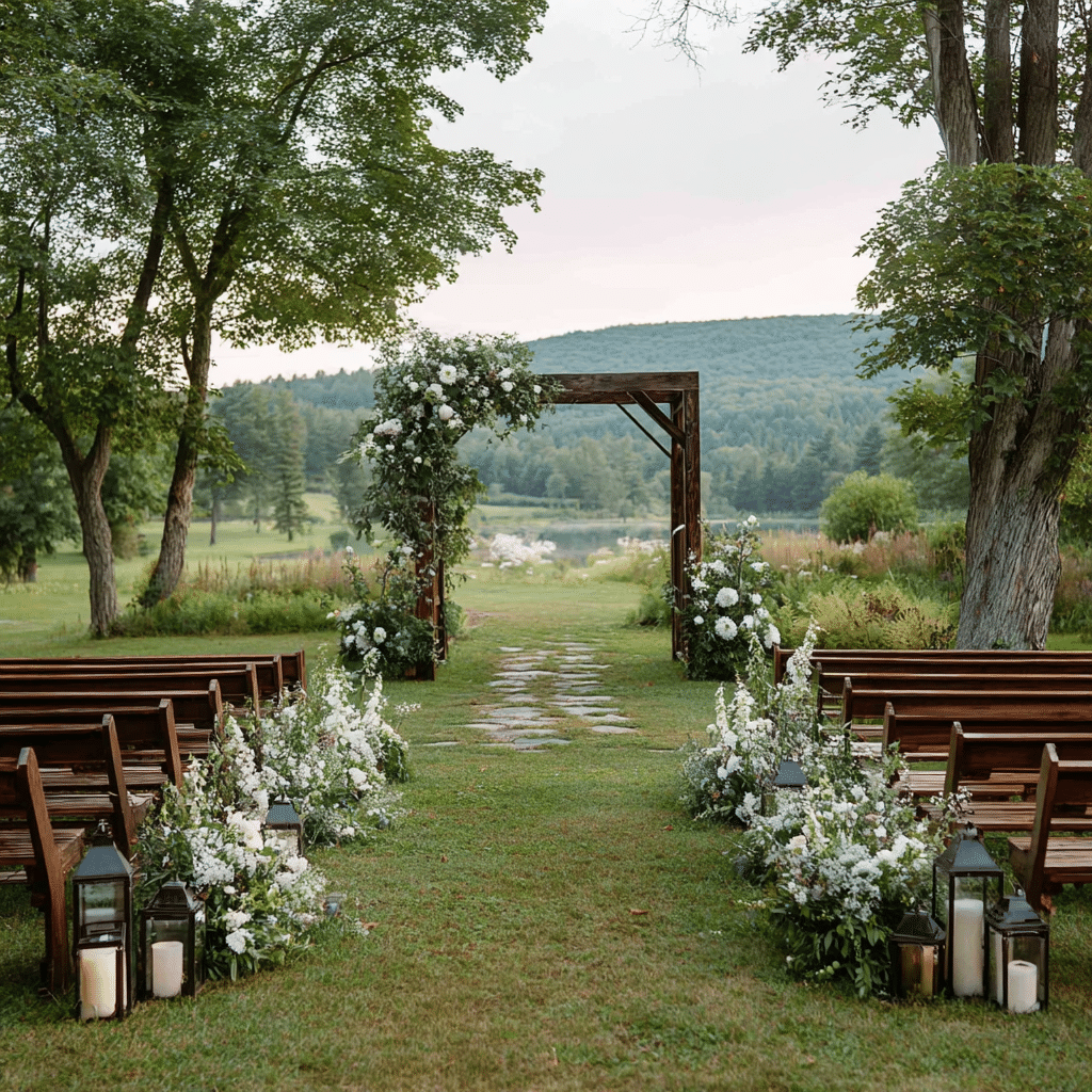 Meadow wedding ceremony aisle facing a rustic wood arch with benches, lanterns, and mountain views.