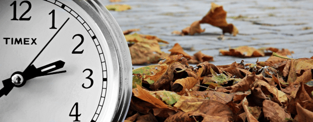 Time for Fall events is closer that you think. Close-up clock beside fallen autumn leaves on wet pavement.