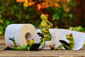 Toy frogs with a toilet paper roll—playful bathroom-themed scene.