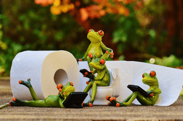 Toy frogs with a toilet paper roll—playful bathroom-themed scene.