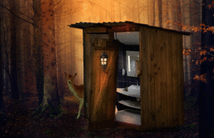 Rustic wooden outhouse in a forest revealing a modern, well-lit restroom inside.