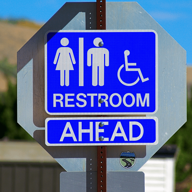 Blue “Restroom Ahead” sign with male, female, and wheelchair icons.